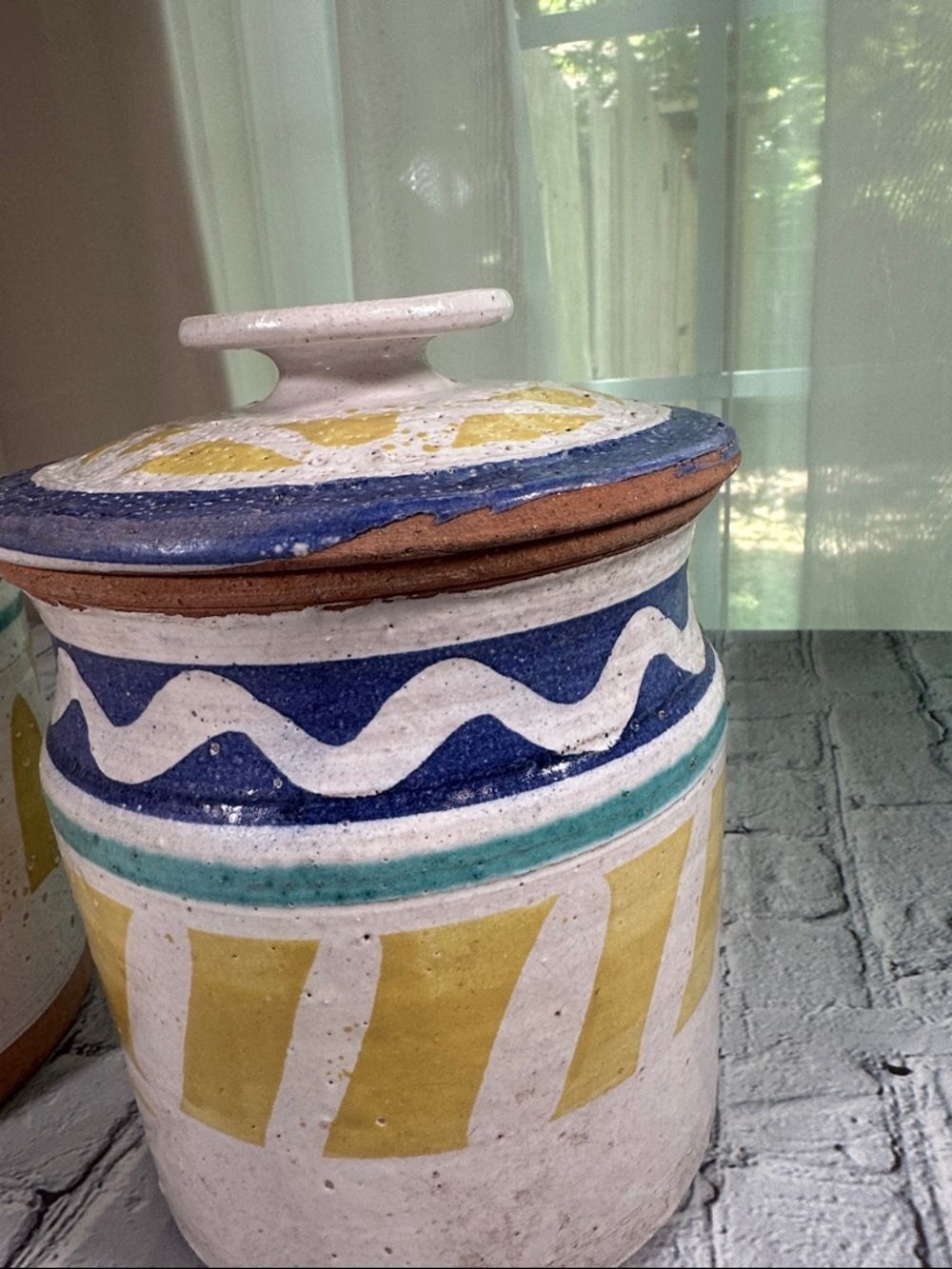 2 Navajo Southwestern Pottery Canisters Handmade 9-10” turquoise yellow blue - Picture 11 of 16